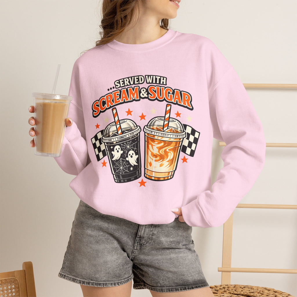 Halloween Coffee Sweatshirt – Served With Scream & Sugar | Cute Ghost Iced Coffee Crewneck | Spooky Fall Coffee Lover Sweatshirt | Cozy Autumn Halloween Pullover Gift