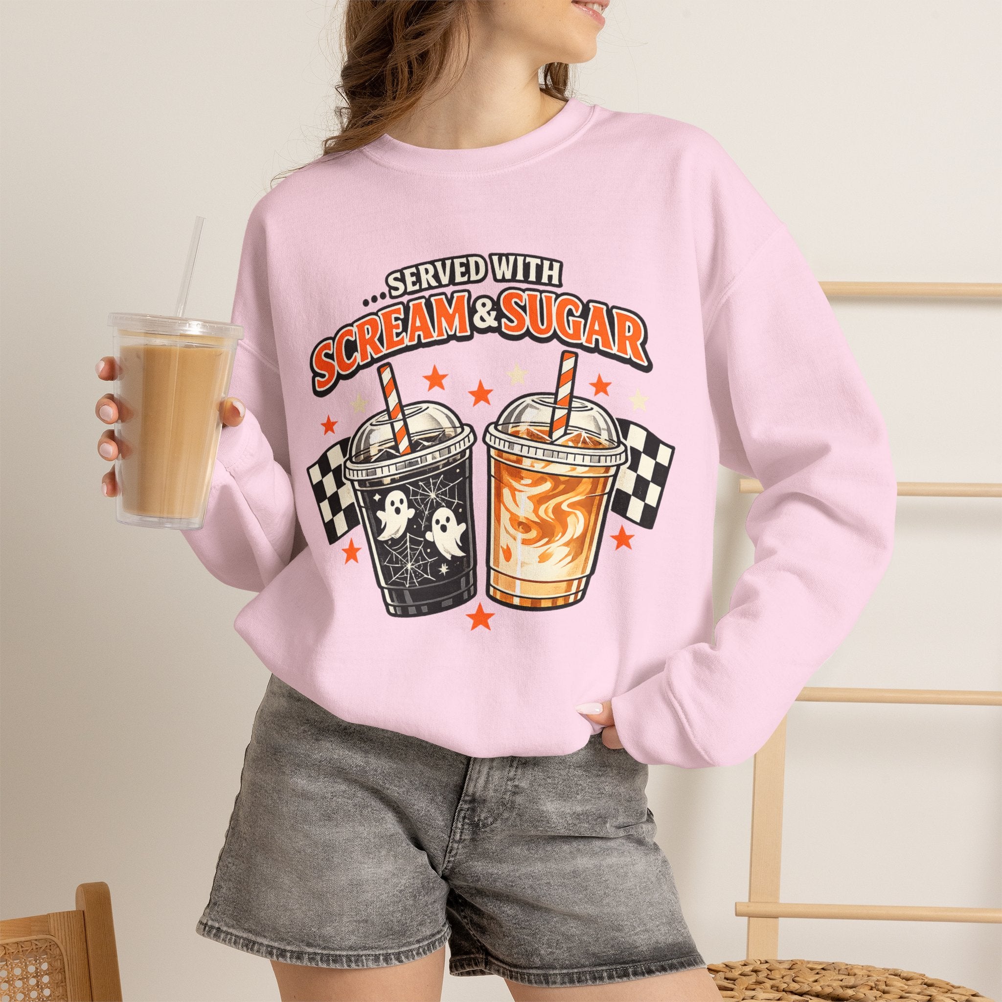 Halloween Coffee Sweatshirt – Served With Scream & Sugar | Cute Ghost Iced Coffee Crewneck | Spooky Fall Coffee Lover Sweatshirt | Cozy Autumn Halloween Pullover Gift