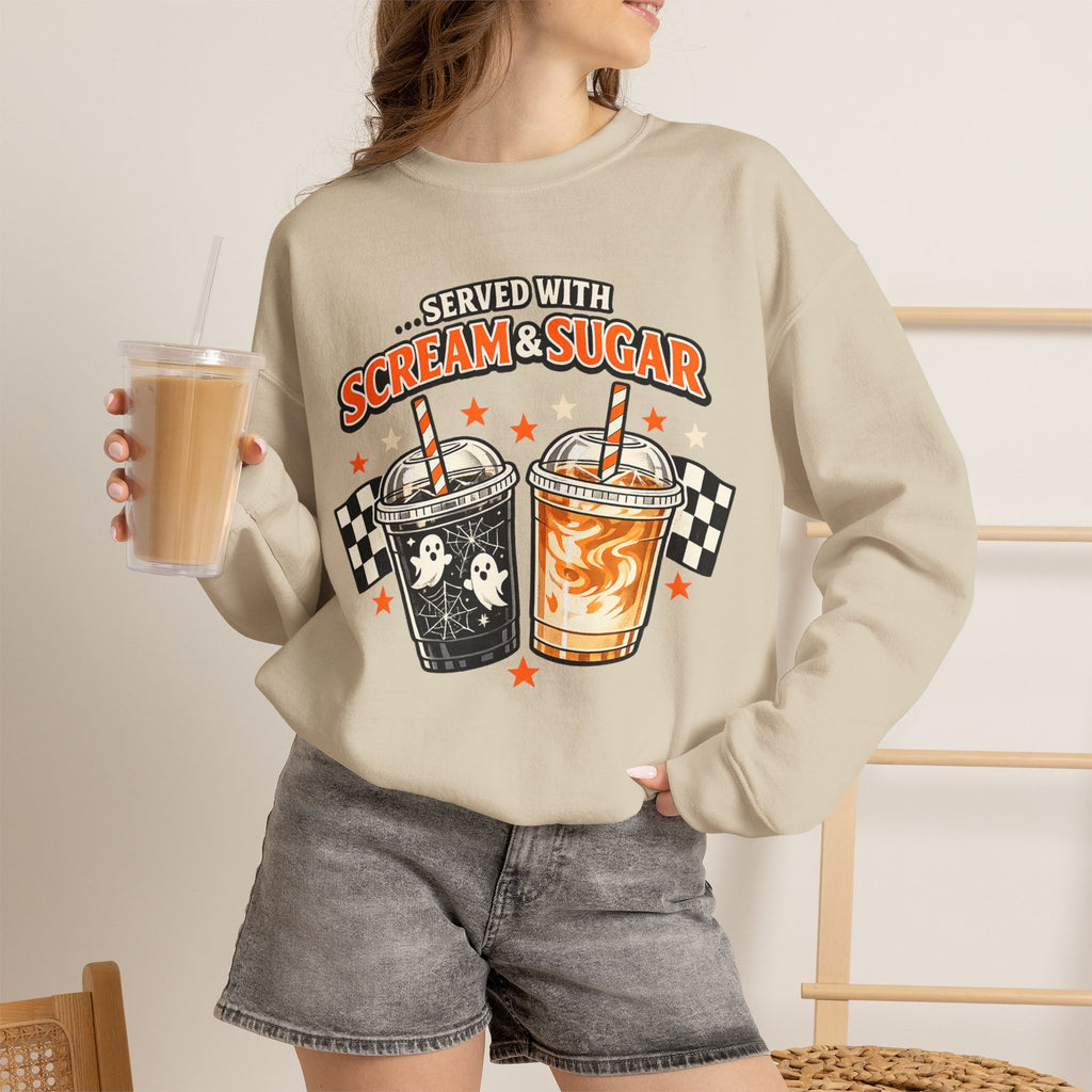 Halloween Coffee Sweatshirt – Served With Scream & Sugar | Cute Ghost Iced Coffee Crewneck | Spooky Fall Coffee Lover Sweatshirt | Cozy Autumn Halloween Pullover Gift