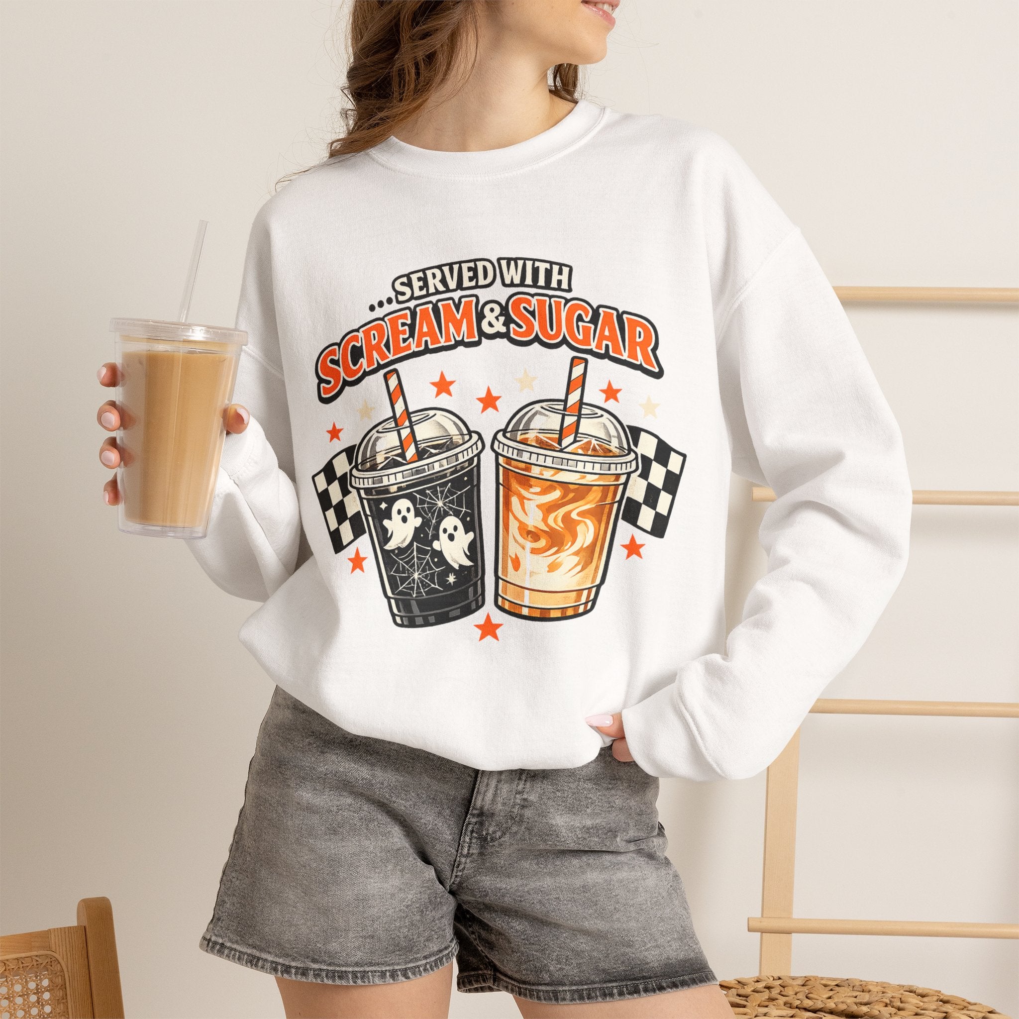 Halloween Coffee Sweatshirt – Served With Scream & Sugar | Cute Ghost Iced Coffee Crewneck | Spooky Fall Coffee Lover Sweatshirt | Cozy Autumn Halloween Pullover Gift