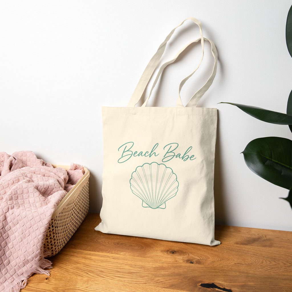 Beach Babe Canvas Tote Bag | Cute Coastal Beach Tote | Reusable Cotton Shopping Bag | Summer Vacation Tote | Seashell Aesthetic Gift for Beach Lovers