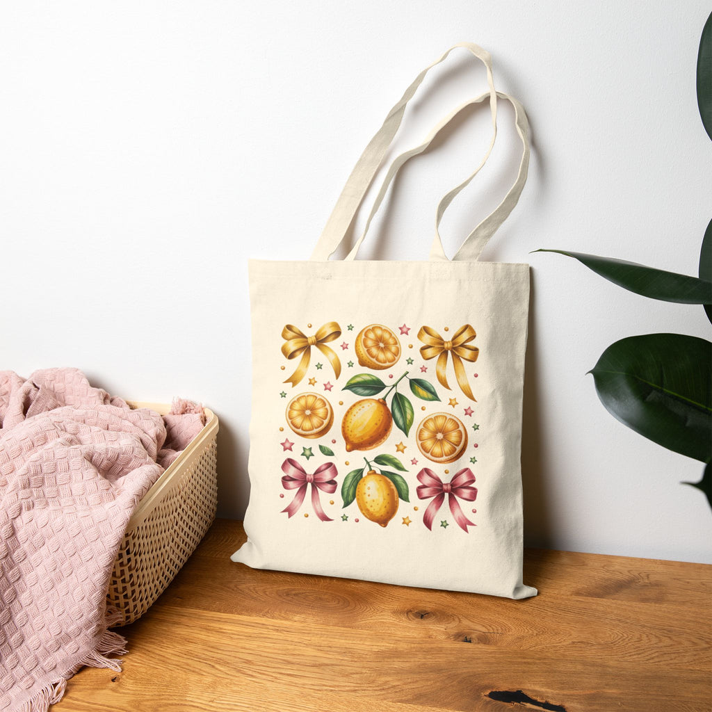 Lemon Coquette Canvas Tote Bag | Cute Citrus Bow Aesthetic Beach & Everyday Bag | Floral Citrus Summer Tote