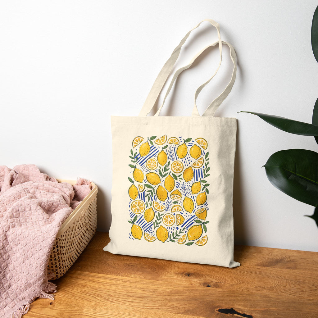Lemon Canvas Tote Bag | Cute Summer Market Tote | Reusable Beach Bag | Botanical Citrus Grocery Bag | Eco-Friendly Everyday Shoulder Bag Gift for Women