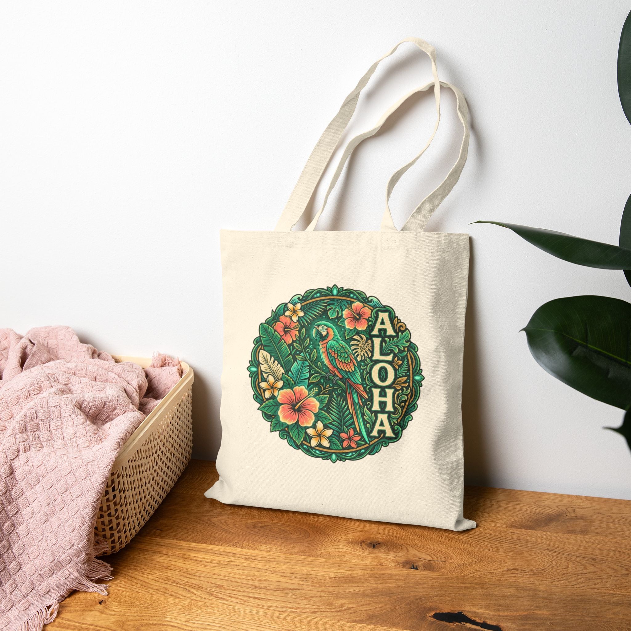 Aloha Tropical Parrot Canvas Tote Bag | Hawaiian Floral Beach Tote | Reusable Eco Shopping Bag | Island Vacation Gift | Boho Summer Shoulder Bag
