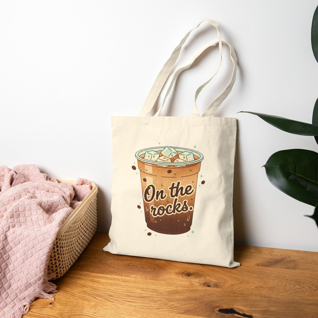 Iced Coffee Canvas Tote Bag | On The Rocks Cute Coffee Lover Tote | Reusable Aesthetic Tote Bag