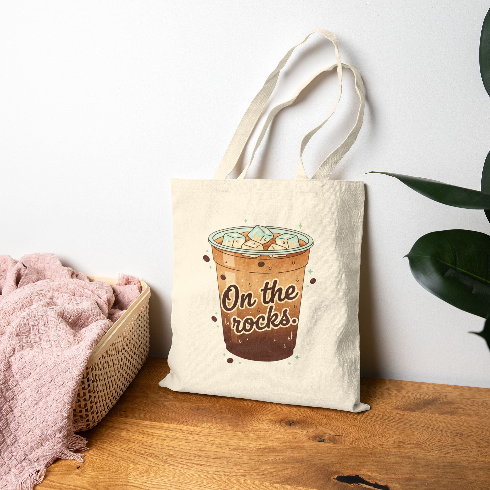 Iced Coffee Canvas Tote Bag | On The Rocks Cute Coffee Lover Tote | Reusable Aesthetic Tote Bag