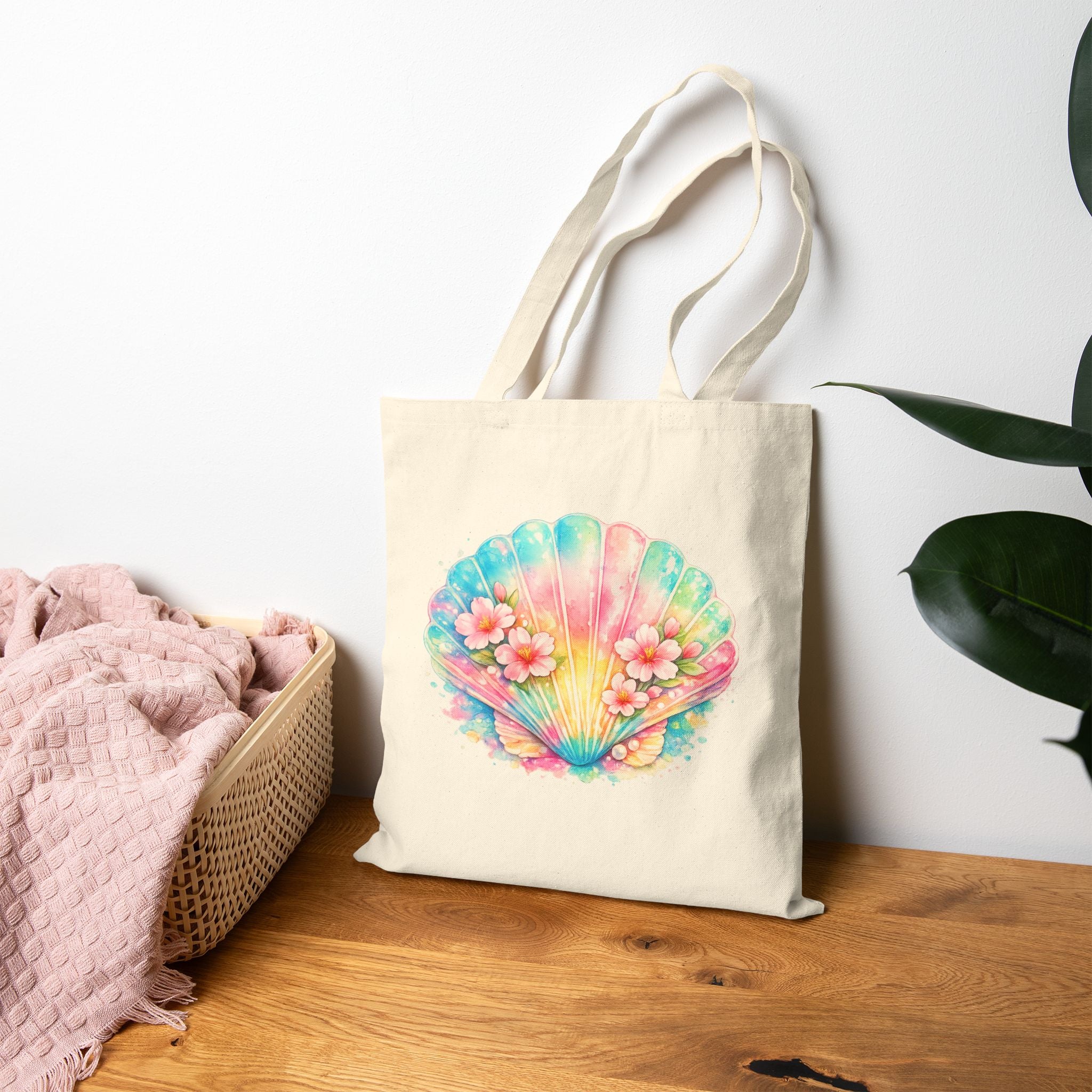 Pastel Seashell Floral Tote Bag | Coastal Beach Canvas Tote | Tropical Summer Aesthetic Bag | Cute Feminine Everyday Tote | Seashell Canvas Tote