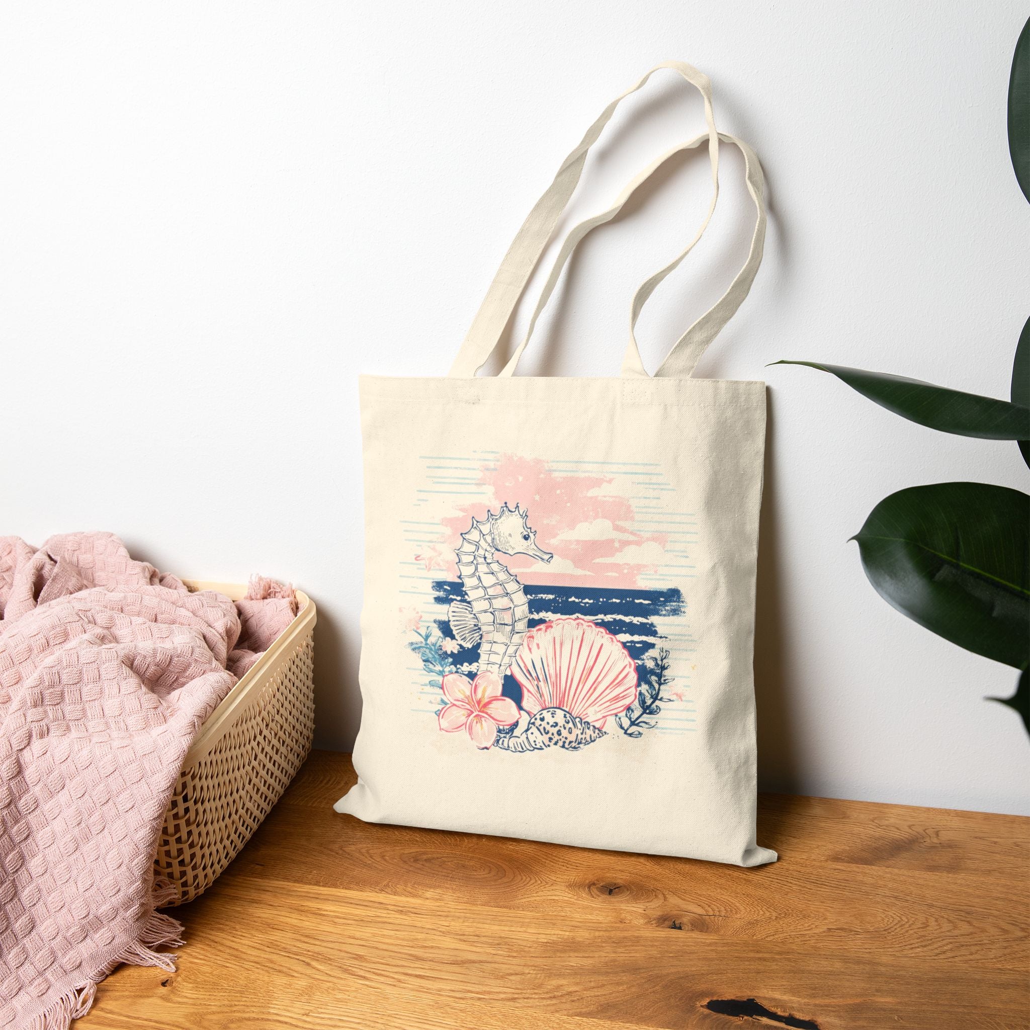 Coastal Seahorse Canvas Tote Bag | Beach Aesthetic Heavy Cotton Tote | Cute Ocean Shell Reusable Bag | Beach Cotton Canvas Tote