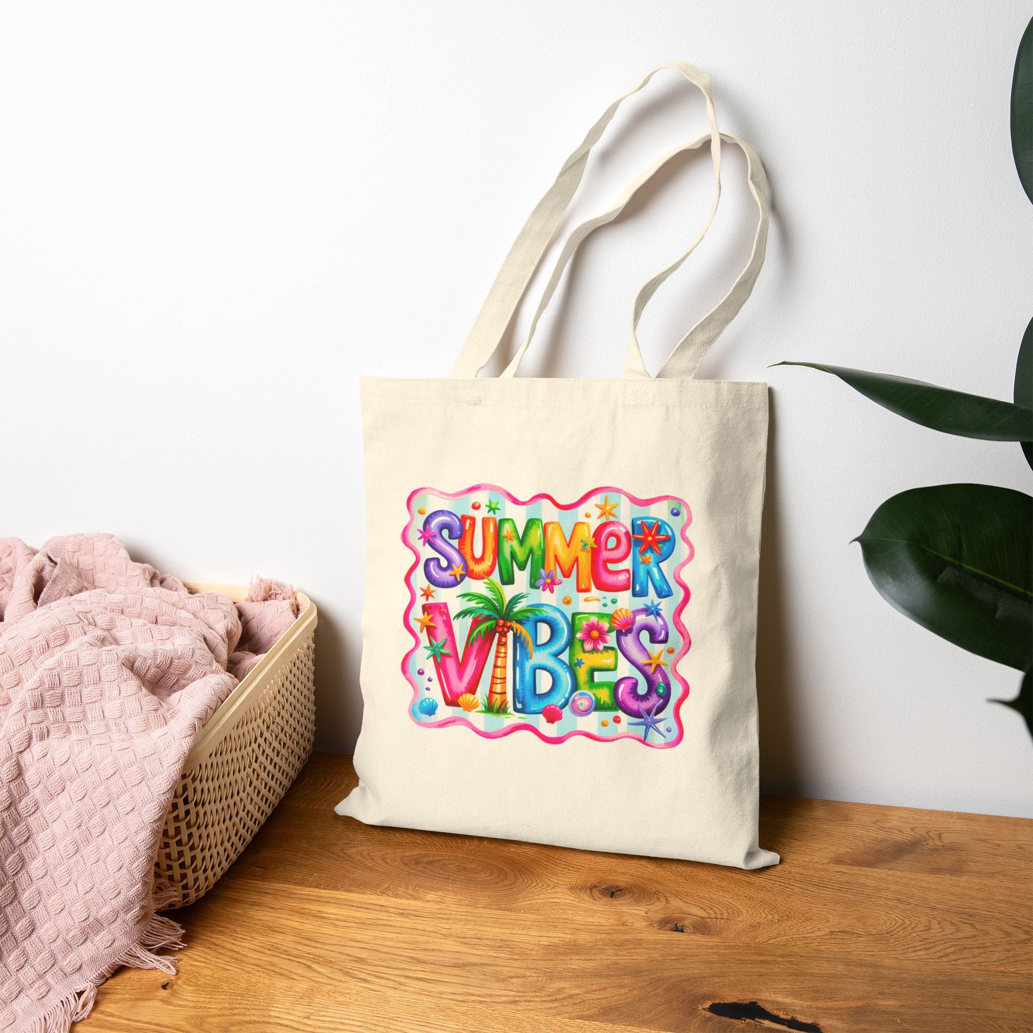 Summer Vibes Canvas Tote Bag | Colorful Beach Tote | Cute Tropical Reusable Shopping Bag | Vacation Gift for Women | Coastal Summer Tote