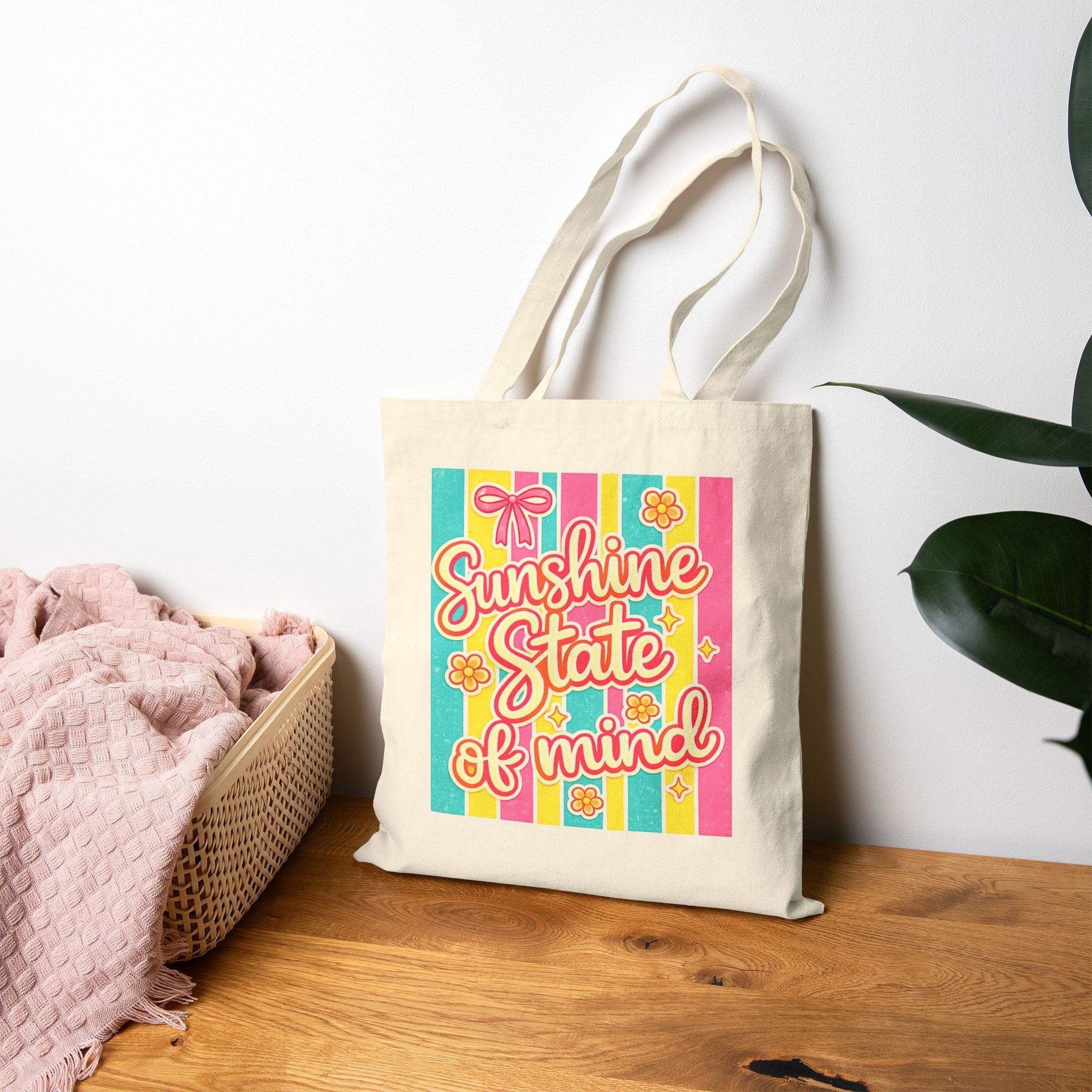Sunshine State of Mind Beach Tote Bag | Retro Summer Cotton Canvas Tote for Beach Trips | Vacation & Everyday Carry | Retro Floral Summer Beach Bag