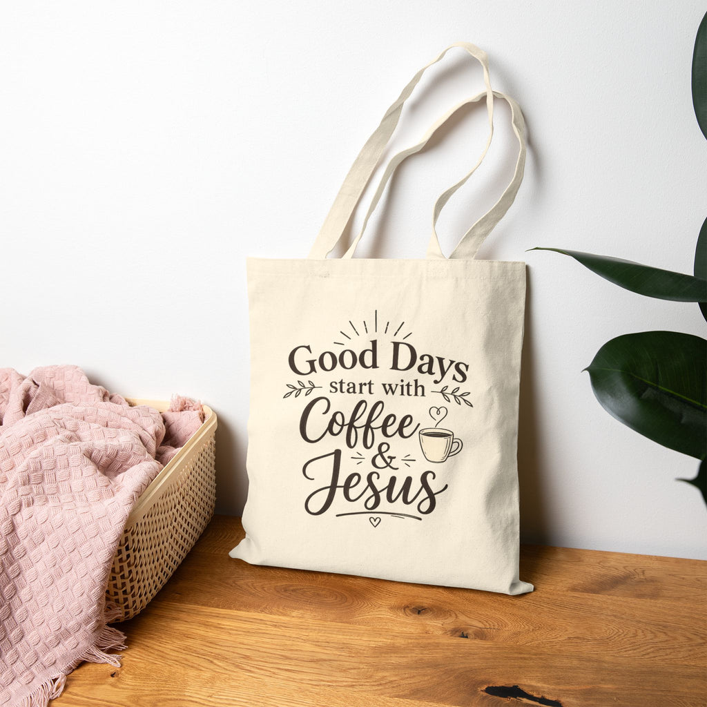 Good Days Start with Coffee & Jesus Tote Bag | Christian Boho Canvas Tote for Coffee Lovers | Faith Inspired Aesthetic Shoulder Bag | Canvas Shopping Tote