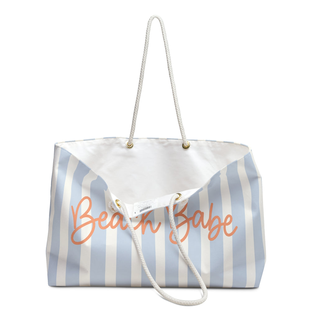 Beach Babe Coastal Weekender Tote Bag | Beach Bag with Rope Handles | Cute Blue Striped Vacation Tote | Weekender Bag