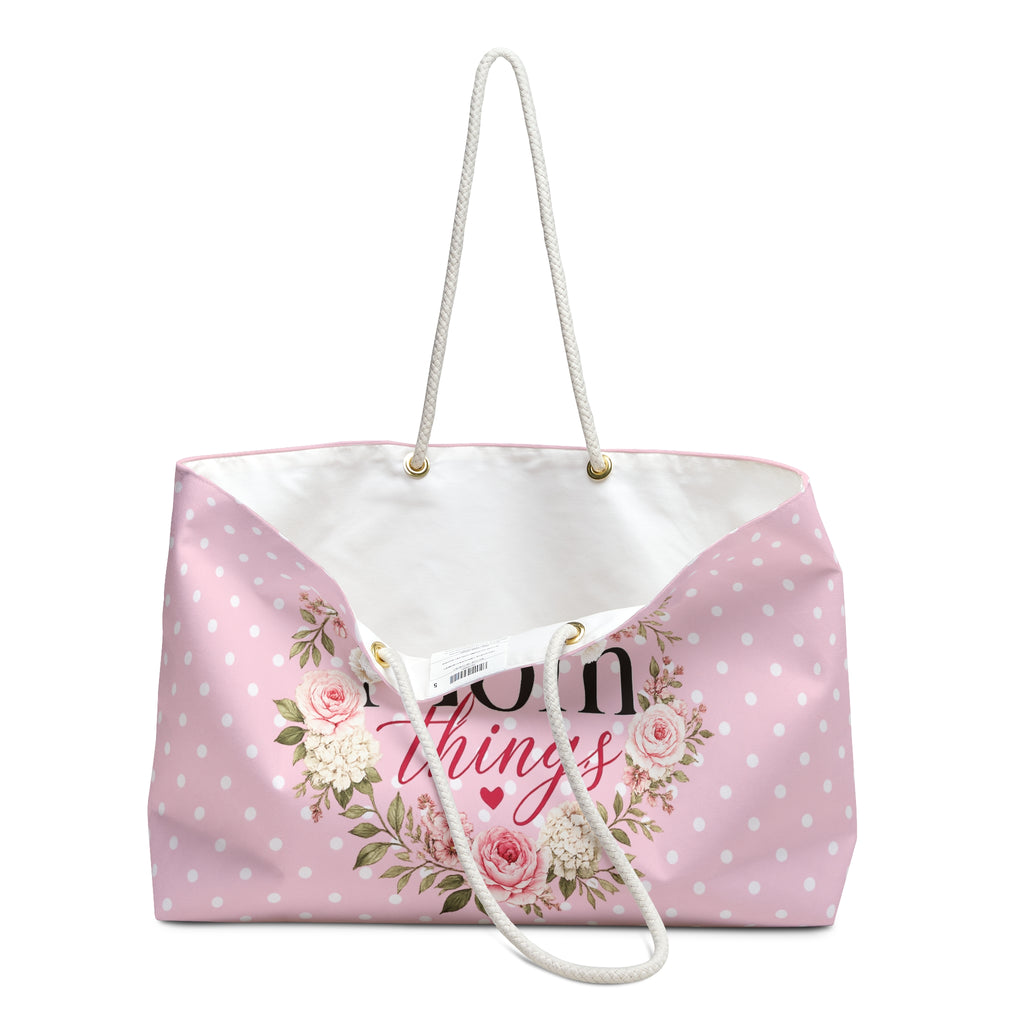 Mom Things Floral Weekender Bag | Pink Polka Dot Travel Tote for Moms | Large Overnight & Baby Essentials Bag | Pink Floral Tote for Mother’s Day Gift