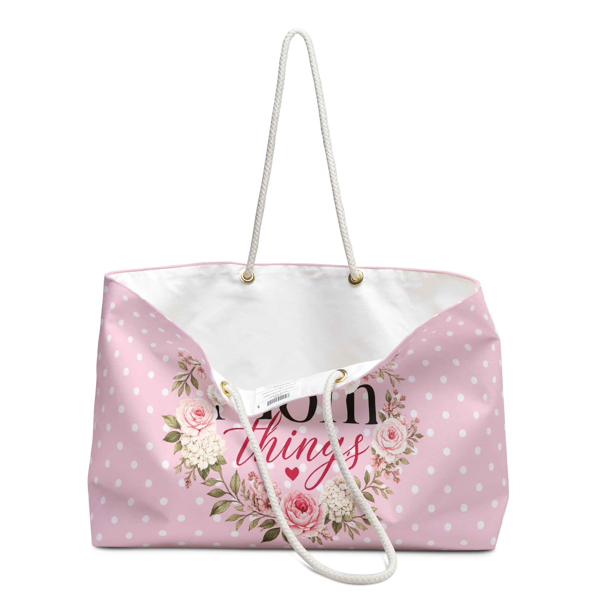 Mom Things Floral Weekender Bag | Pink Polka Dot Travel Tote for Moms | Large Overnight & Baby Essentials Bag | Pink Floral Tote for Mother’s Day Gift