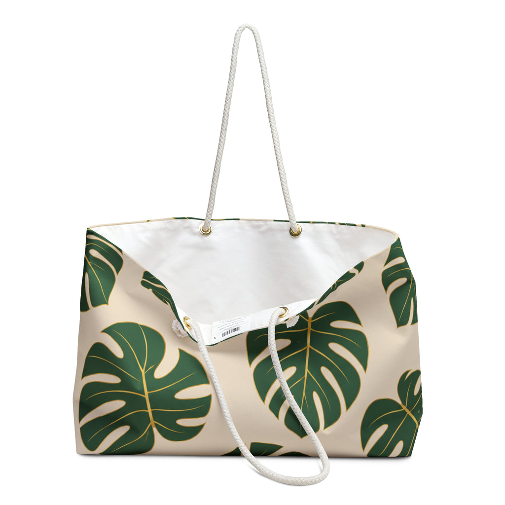 Tropical Monstera Weekender Bag | Beige & Green Travel Tote | Luxury Coastal Overnight Bag | Beach Vacation Carryall | Rope Handle Weekend Bag | Tropical Travel Tote