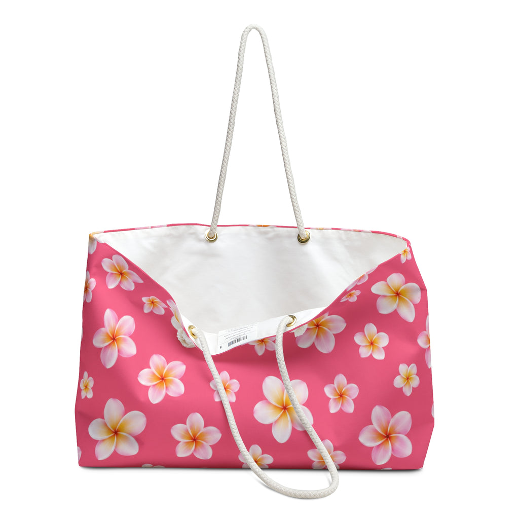 Pink Tropical Plumeria Weekender Bag | Cute Beach Tote Bag for Women | Hawaiian Travel Overnight Bag | Summer Vacation Carryall | Tropical Vacation Tote