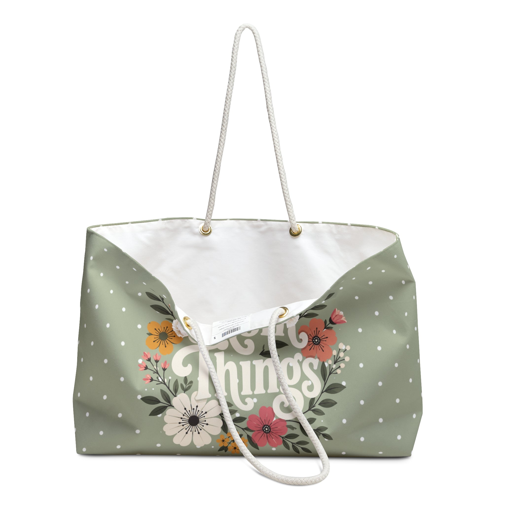 Mom Things Weekender Bag | Stylish & Spacious Travel Tote for Moms | Sage Polka Dot Floral Tote Bag | Mom Floral Weekender Bag | Travel Tote for Moms