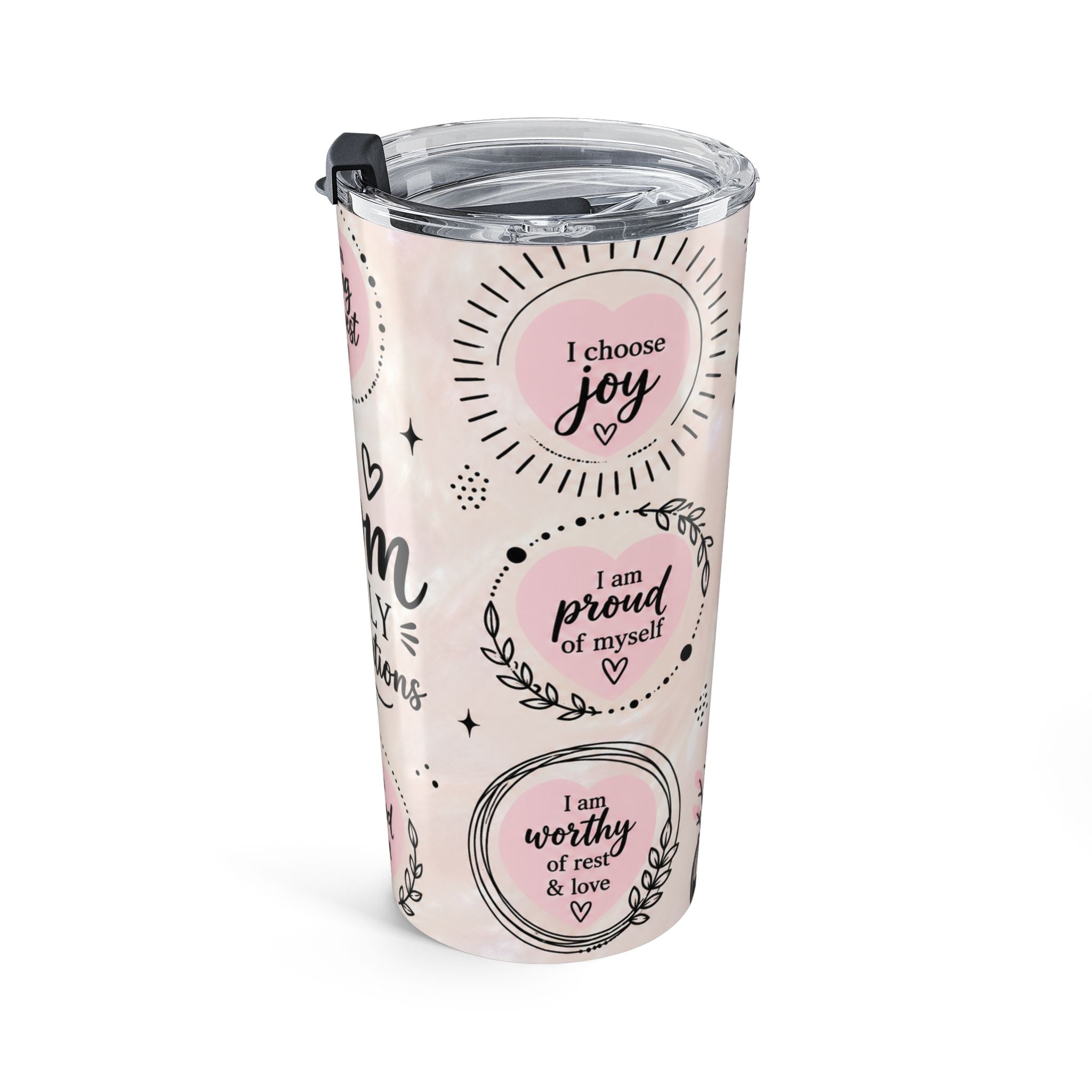 Mom Daily Affirmations 20oz Tumbler | Pink Boho Mama Cup | Insulated Stainless Steel Travel Mug with Lid | Inspirational Pink Travel Cup