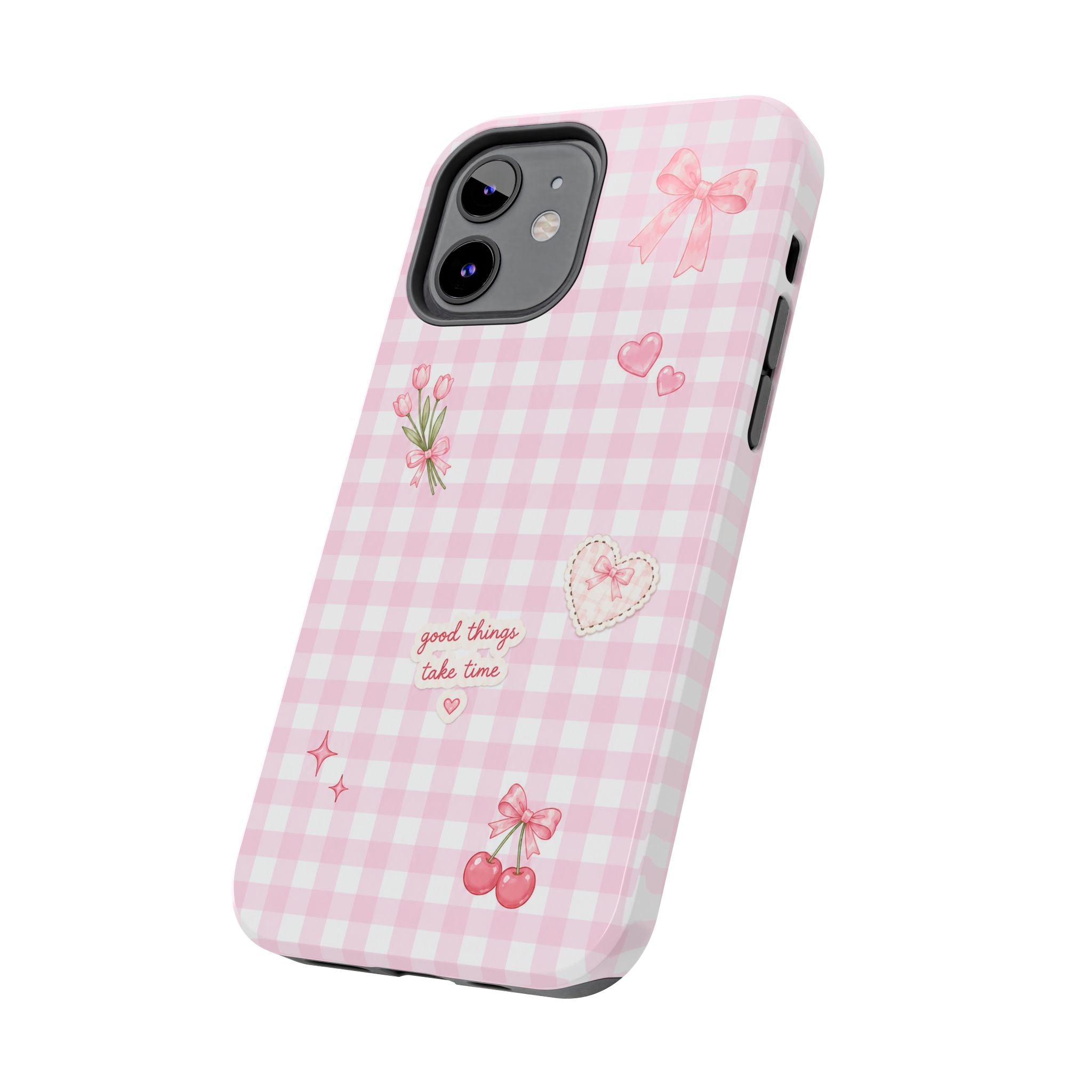 Pink Gingham Coquette Phone Case | Cute Bow & Cherry Aesthetic iPhone Case | Trendy Girly Protective Cover | Cute Cherry & Bow Phone Cover
