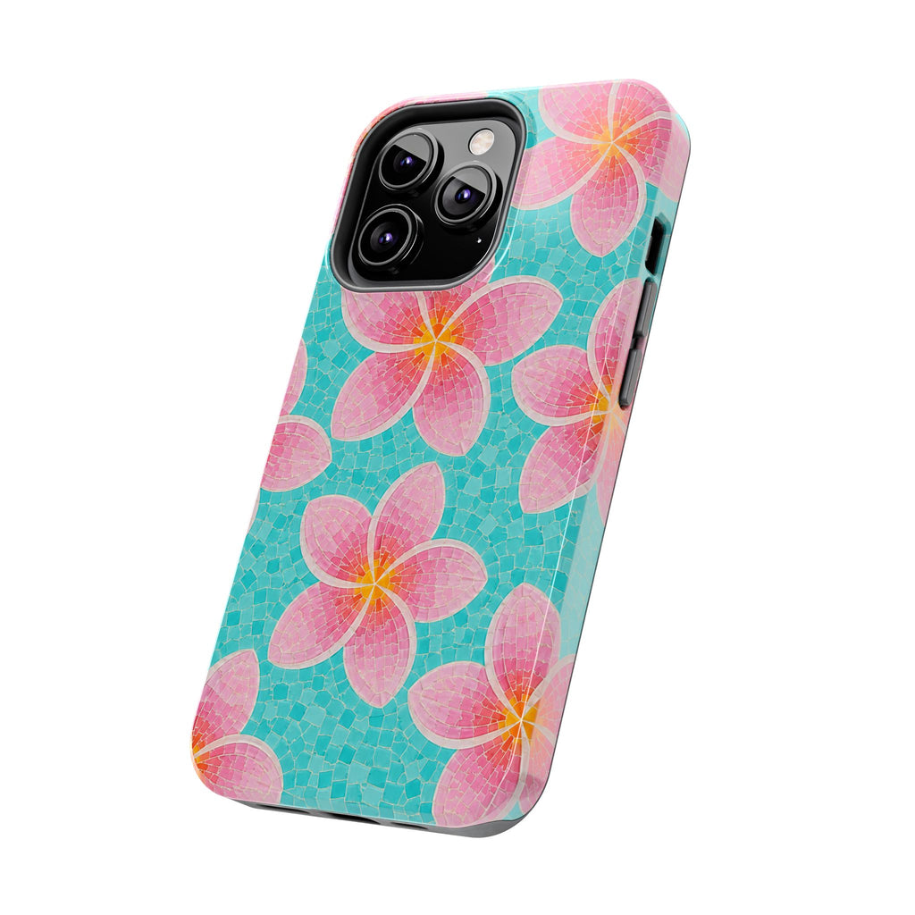 Pink Plumeria Faux Mosaic Phone Case | Tropical Floral Aqua iPhone & Samsung Galaxy Case | Beachy Summer Protective Cover