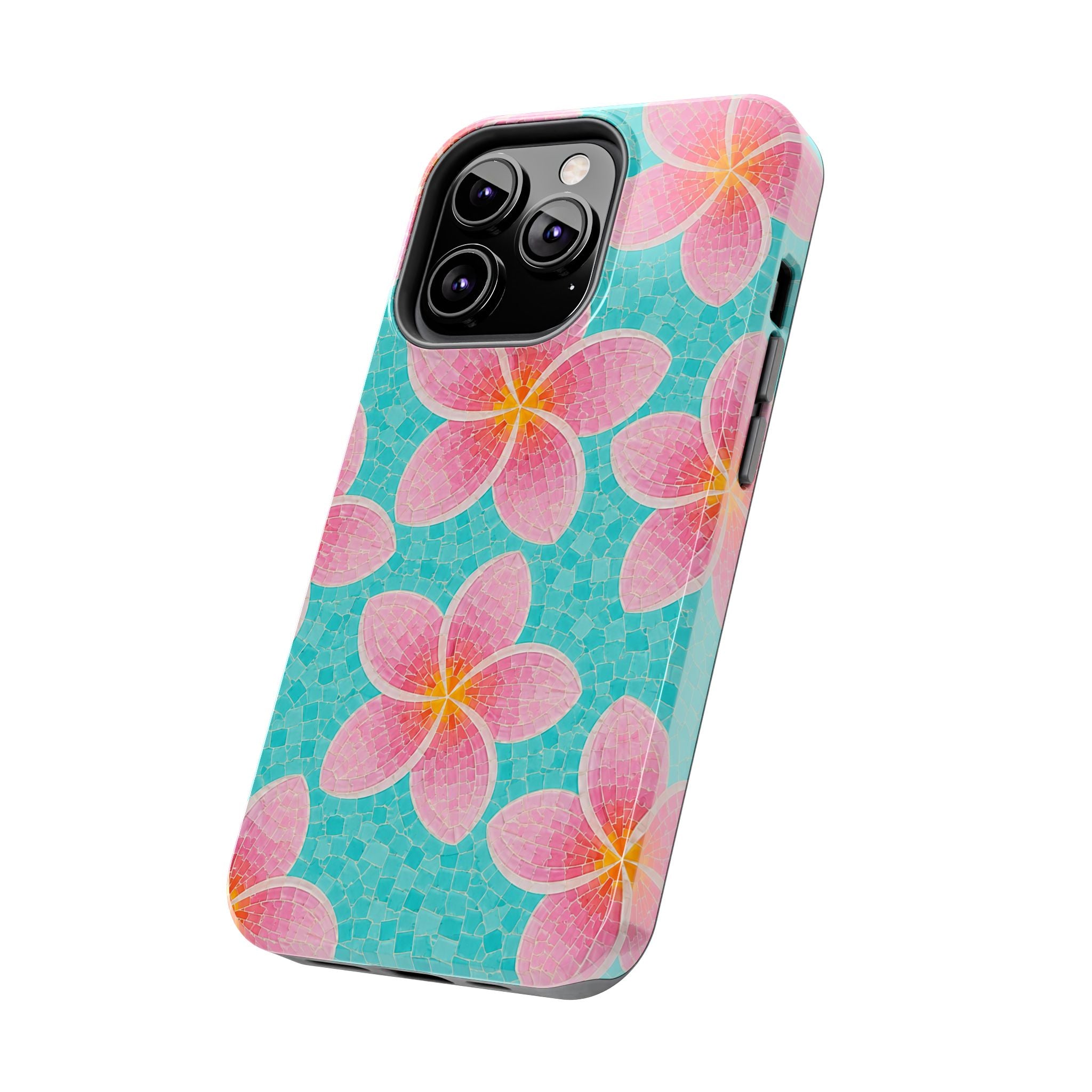 Pink Plumeria Faux Mosaic Phone Case | Tropical Floral Aqua iPhone & Samsung Galaxy Case | Beachy Summer Protective Cover